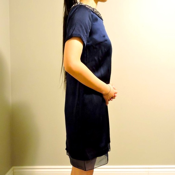 Club Monaco Silk Navy Blue Short Sleeve Mini Dress with Statement Collar - Picture 7 of 12